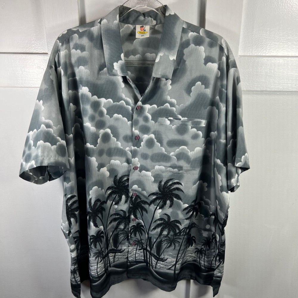 Rima Beachworld Mens XXL Gray Palm Tree Cloud Print Terivoile Aloha Camp Shirt